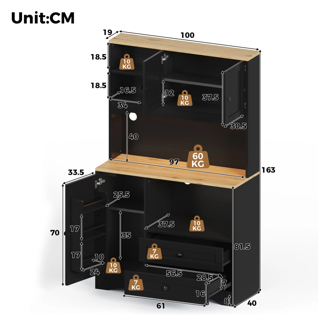 Buffet cucina multifunzionale con LED e prese; vano microonde 100x40x163 cm; nero