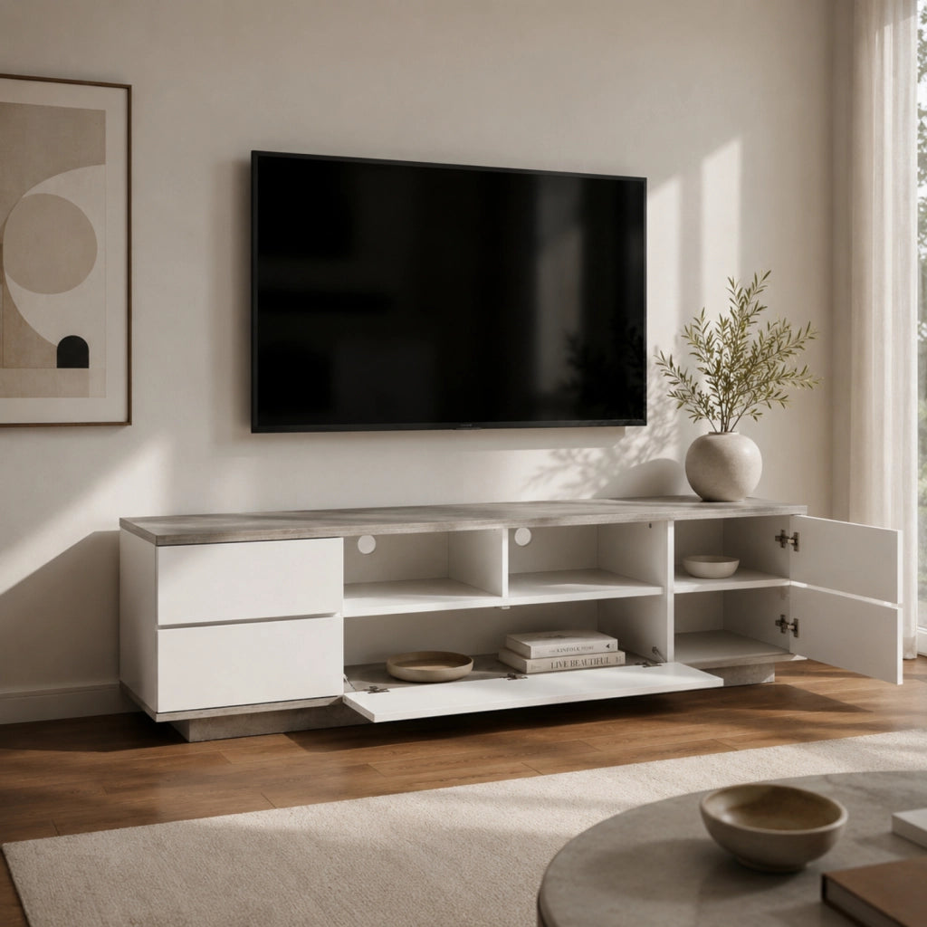 Mobile Tv Salotto Moderno Con 4 Ante 1 Anta A Ribalta 2 Vani A Giorno Con Passacavi Per Soggiorno Living Design In MDF Resistente 180 X 38 X 46 Cm Bianco E Grigio Cemento