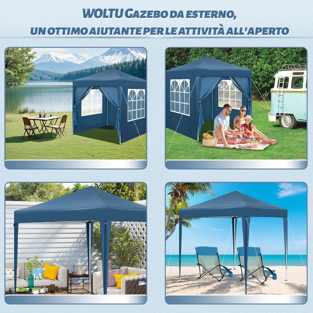 Gazebo Pieghevole da Giardino, Gazebo Impermeabile Pop Up da 2x2m con Pannelli Laterali, Tendone Esterno, Altezza Regolabile, Protezione UV, con Custodia, Blu
