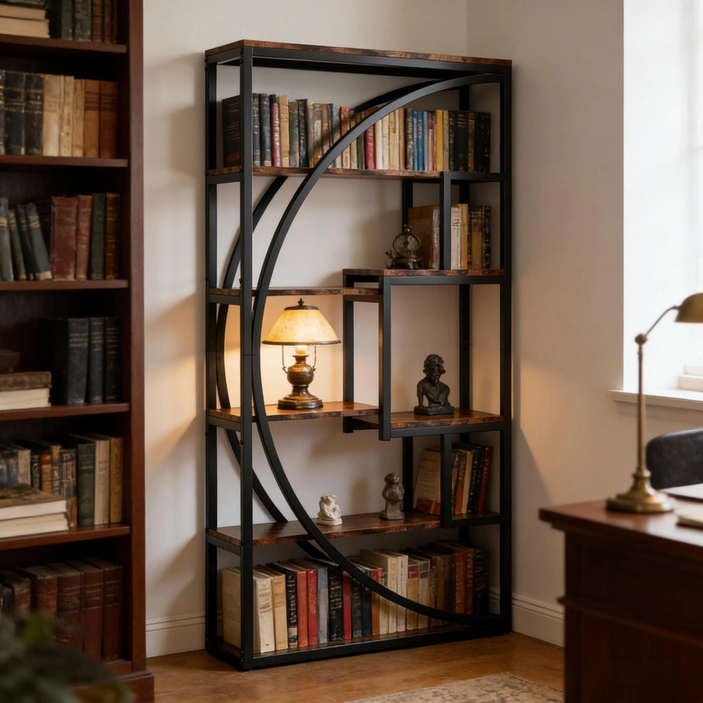 Libreria moderna a 6 livelli con 8 vani aperti in metallo nero e legno marrone rustico 80x30x179 cm