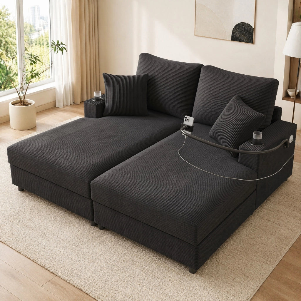 DIVANO 2 posti 163x140x82 cm Grigio in corduroy con 2 cuscini
