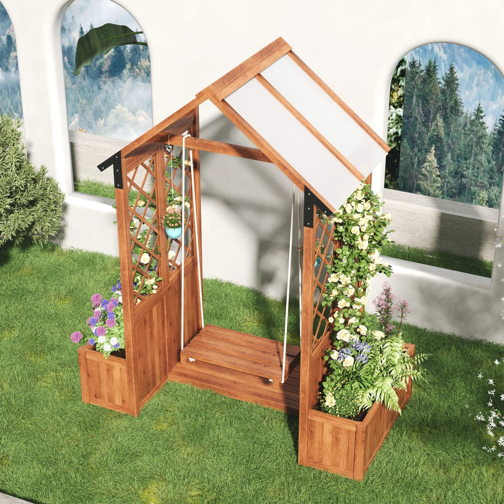 FIORIERA con spalliera e altalena 163x142x70 cm legno massello marrone