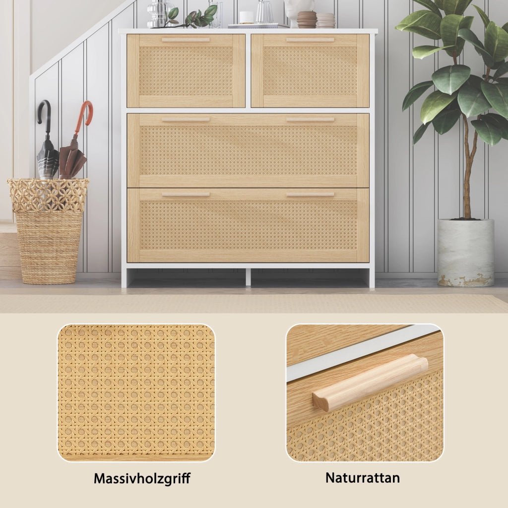 Comò in rattan con 4 cassetti e finitura naturale