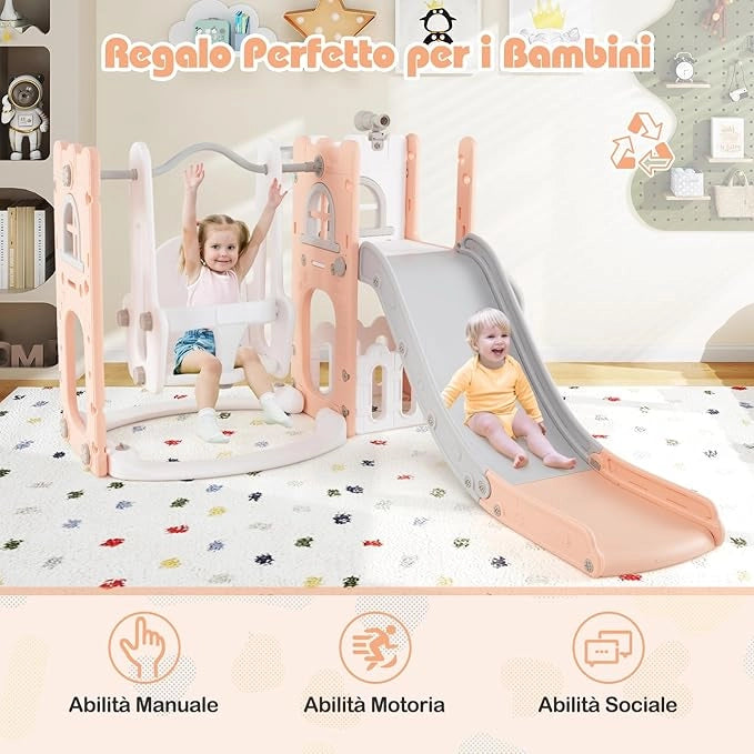 7 in 1 Parco Giochi per Bambini, Set di Scivolo e Altalena per Bambini con Canestro da Basket e Telescopio, 142 x 165 x 92 cm, 1-3 Anni (Rosa)