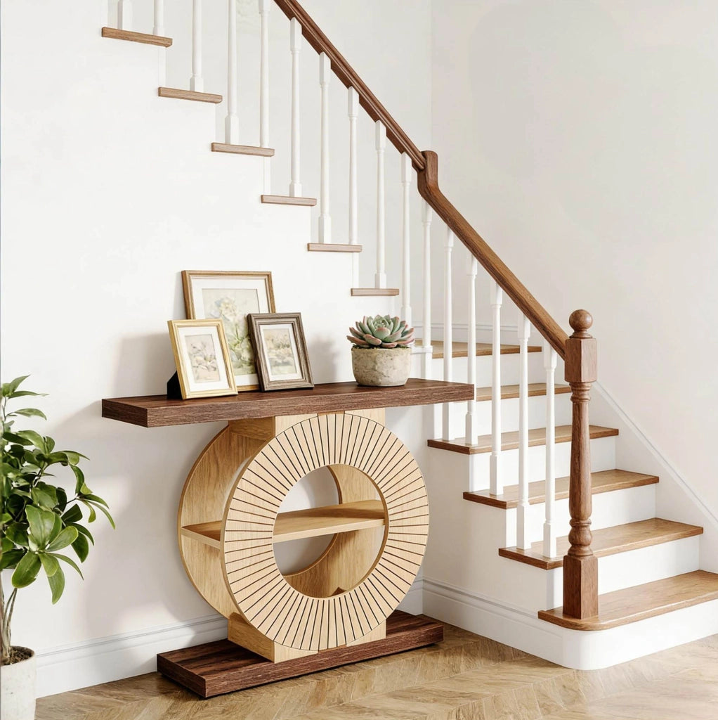 Tavolo consolle in legno con base rotonda e ripiani, design sottile per ingresso