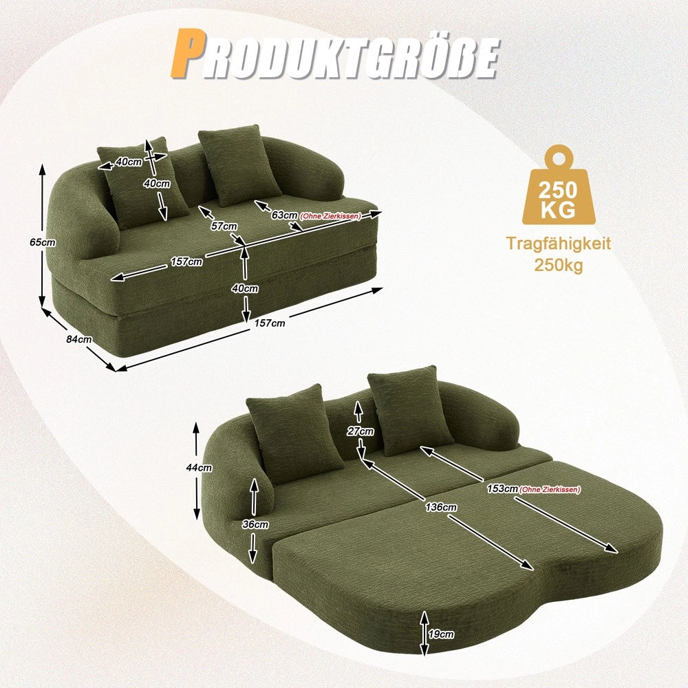 Divano letto 2 posti ¨C Minimal ¨C Verde chenille, con 2 cuscini