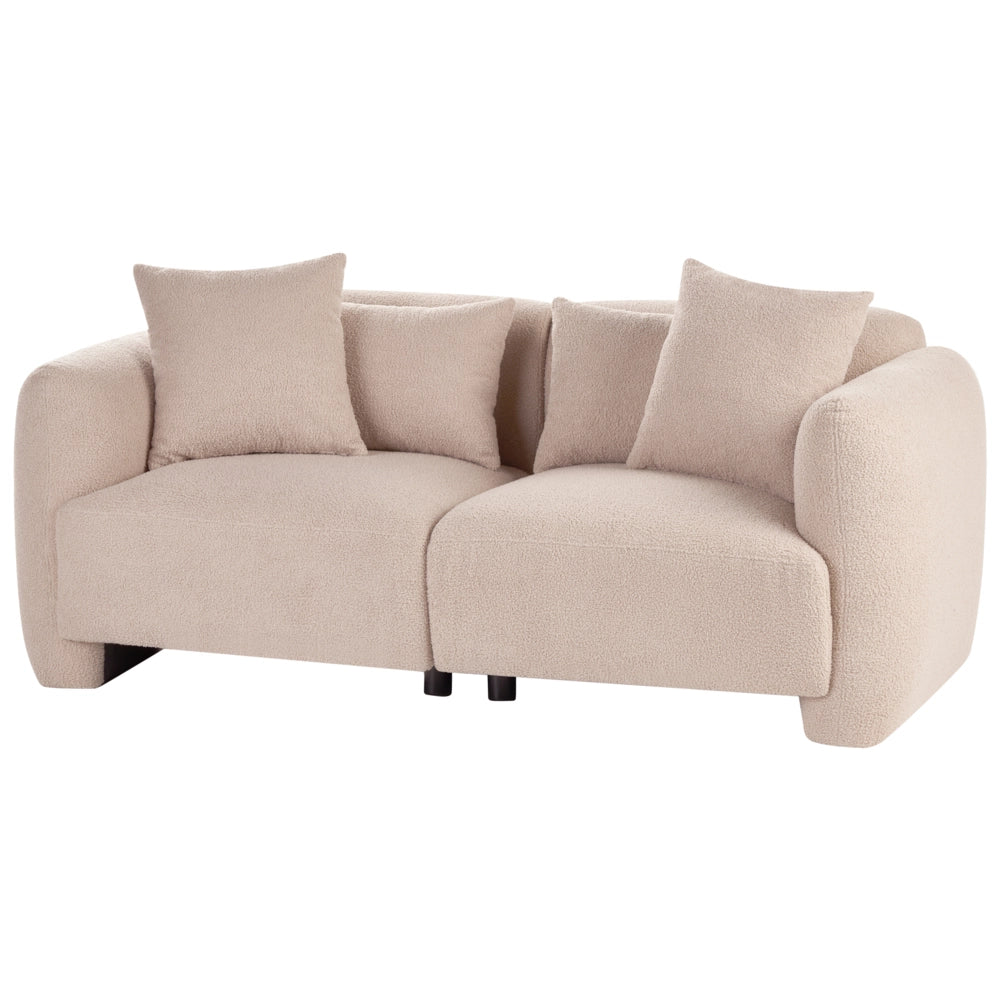 Divano imbottito minimalista a profilo ribassato a 3 posti con seduta profonda bouclè beige stile minimalista