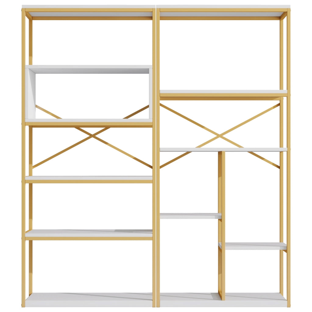 Libreria moderna 160 x 29,5 x 180 cm in MDF e metallo, struttura rettangolare stabile, finitura oro e bianco