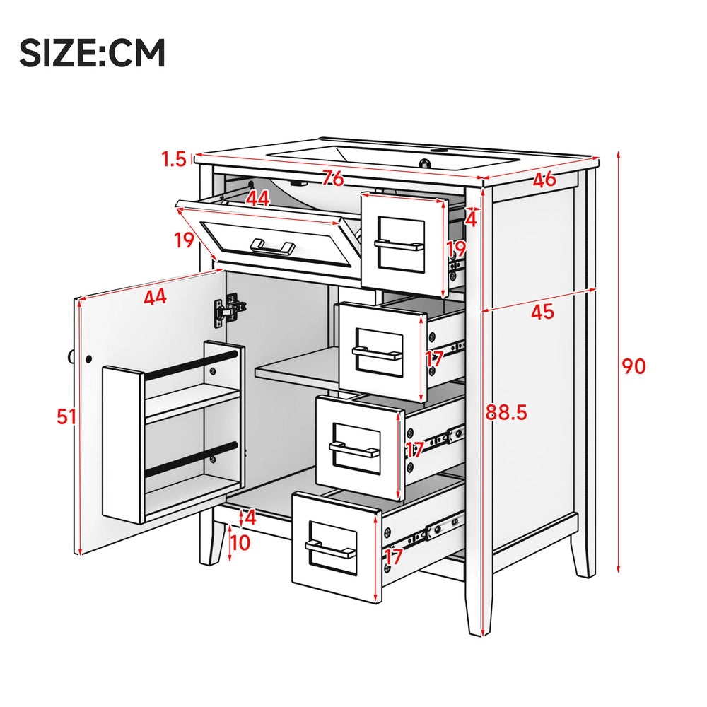 Mobile Bagno con Lavabo Integrato ¨C Xylo ¨C Bianco, 4 Cassetti, 76x46x90 cm