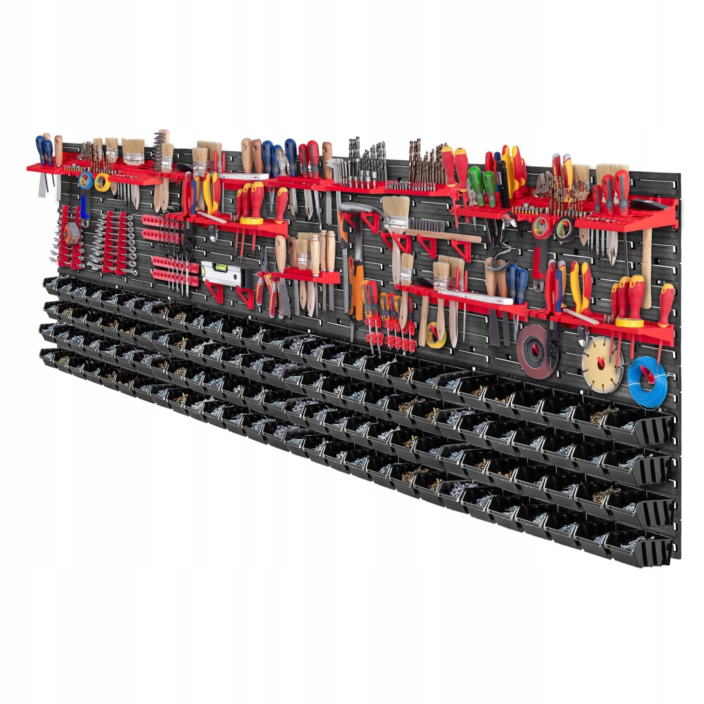 Pannello portautensili KADAX da parete per officina, 232x78 cm, 112 scomparti, 40 supporti, garage.