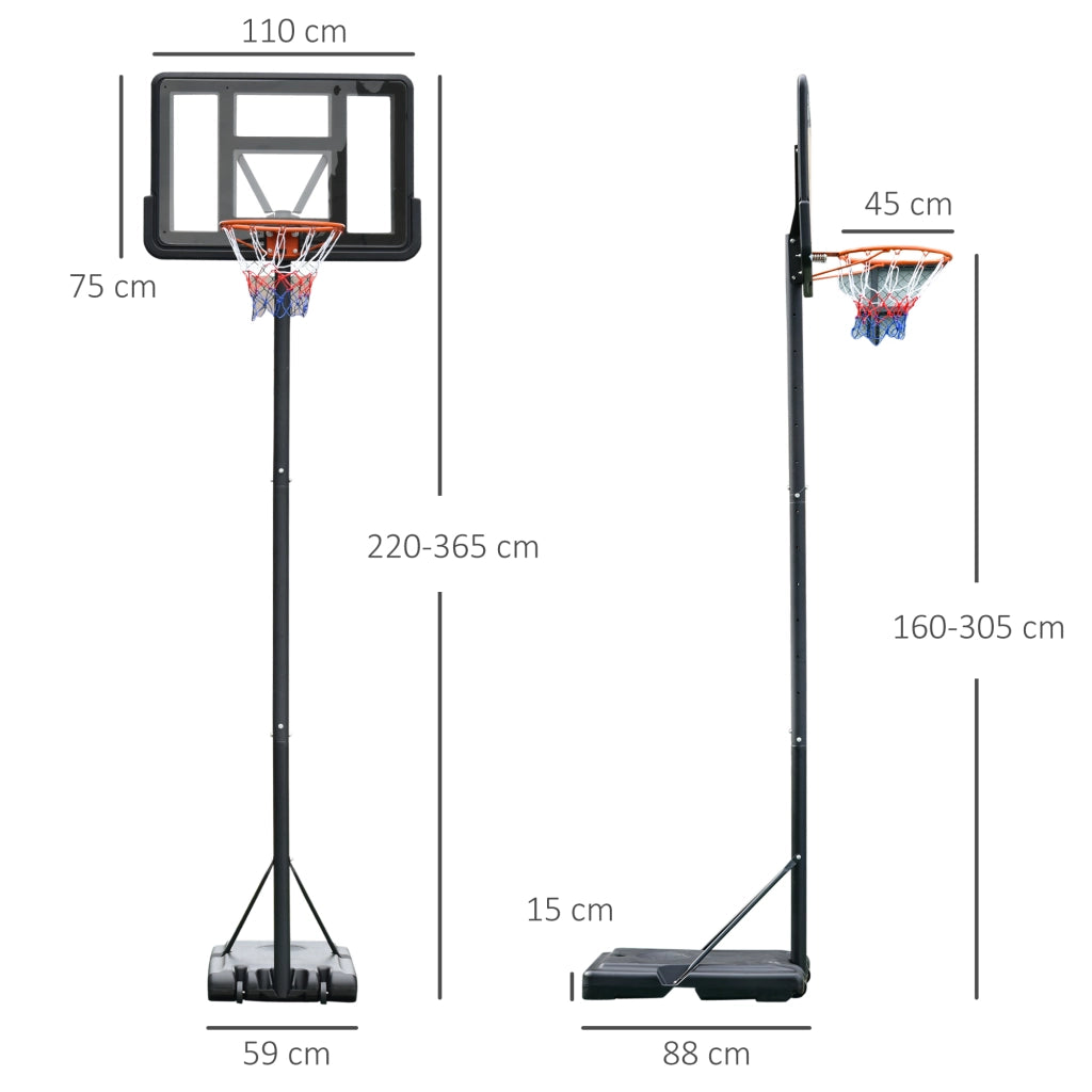 EasyComfort Canestro Basket Altezza Regolabile 160-305cm, Base con Ruote e Struttura in Acciaio, Tabellone in PVC Trasparente