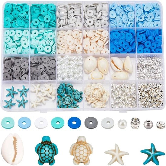 Kit di perle ocean per gioielleria 1240 pezzi con perle di argilla blu, tartarughe marine, stelle marine e perle per adulti e donne