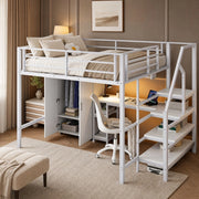 Letto a soppalco 140 × 200 cm con armadio scrivania scaffali e scala contenitore in metallo e MDF bianco