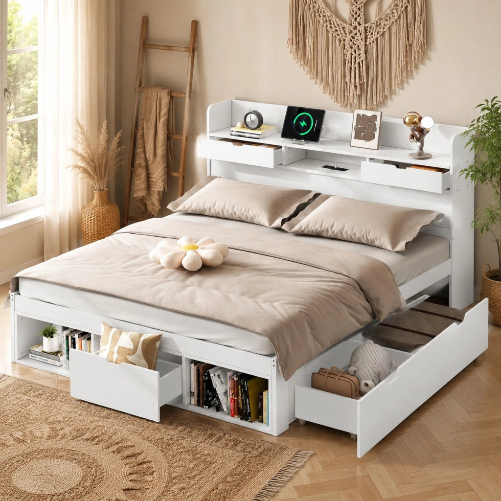 LETTO 140x190 cm bianco con USB e cassetti