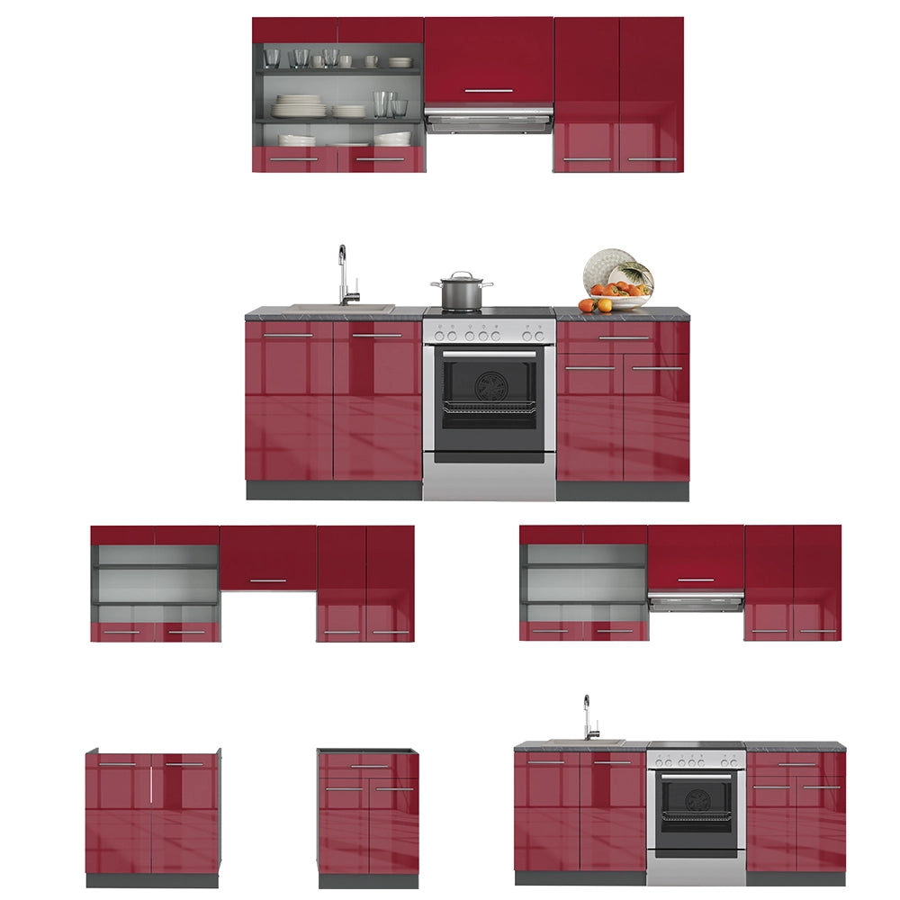 Cucina componibile Fame-Line Bordeaux lucido/Antracite 200 cm, PL Marmo Vicco