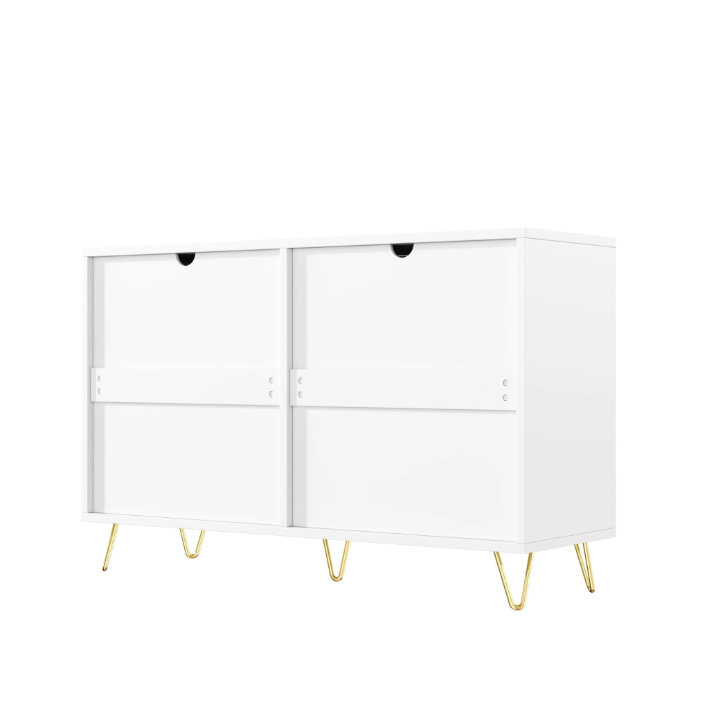 Credenza con 6 Cassetti; Frontale Ondulato; Maniglie e Gambe Dorate; Stile Moderno; in Pannello Truciolare; Bianco+Oro; 120??40??77 cm