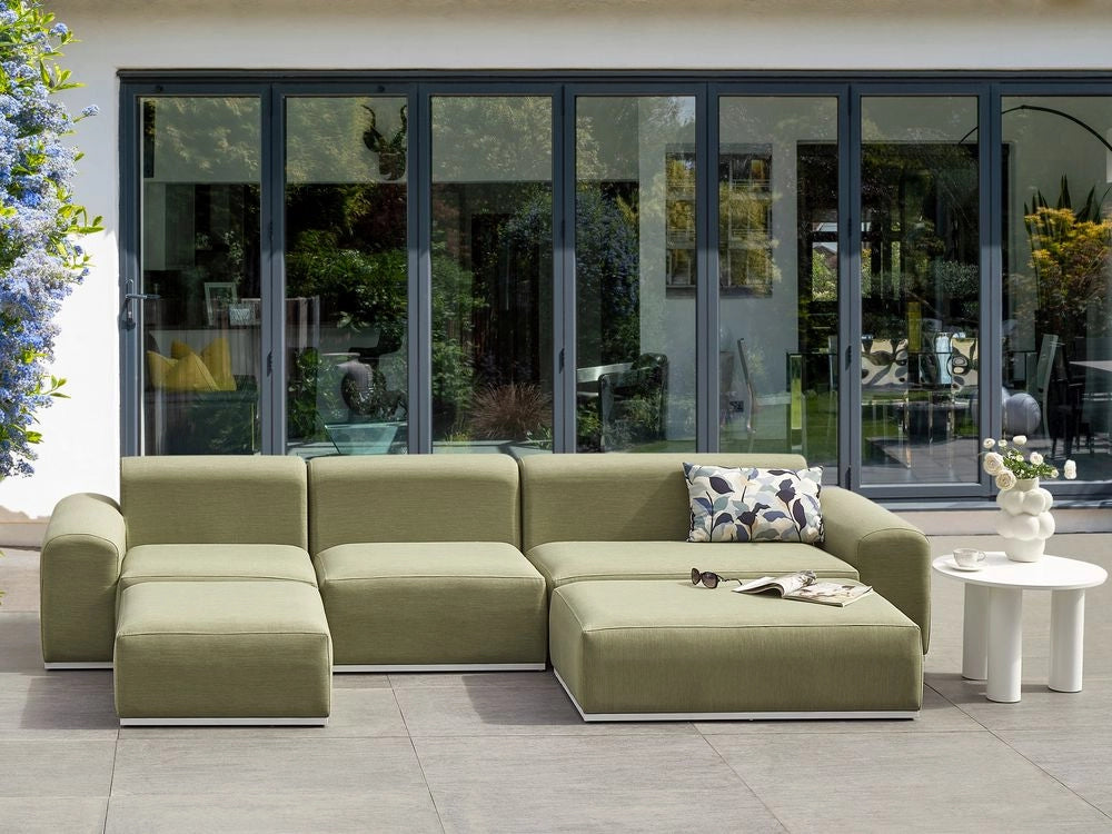 Set da salotto modulare in tessuto per esterni 7 posti reversibili con struttura in alluminio verde oliva stile elegante