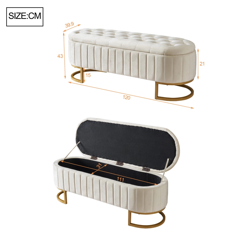 Panca Contenitore con Seduta Imbottita; Poggiapiedi per Soggiorno o Ingresso; in Velluto Beige; 120 x 39.9 cm