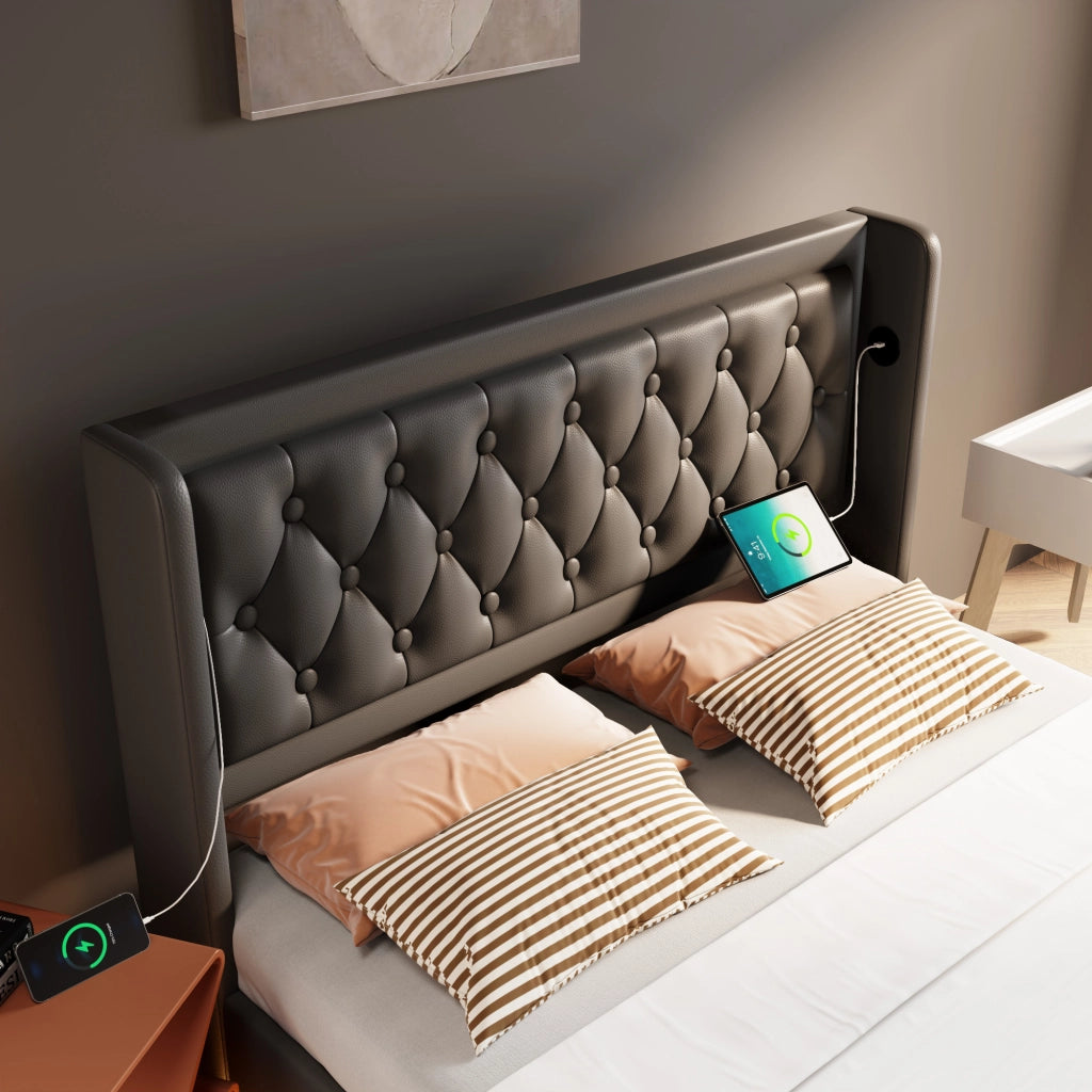 Letto contenitore matrimoniale 140x200 cm in PU nero con LED, USB Tipo-C e materasso incluso