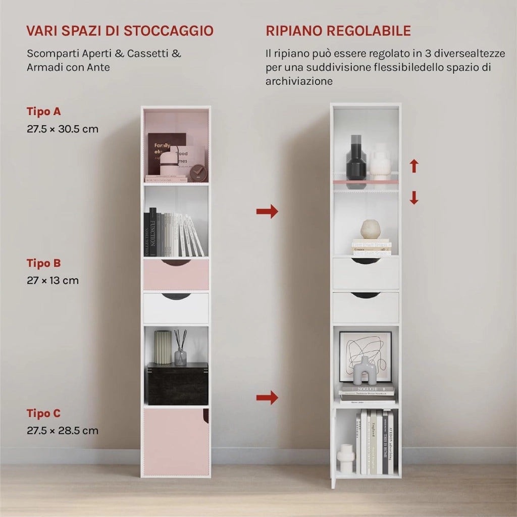Libreria Verticale, in Legno, con 3 Vani Aperti, 2 Cassetti e 1 Armadietto, Mobile Portaoggetti da Terra con Ripiano Regolabile, Bianco, 30x24x158cm