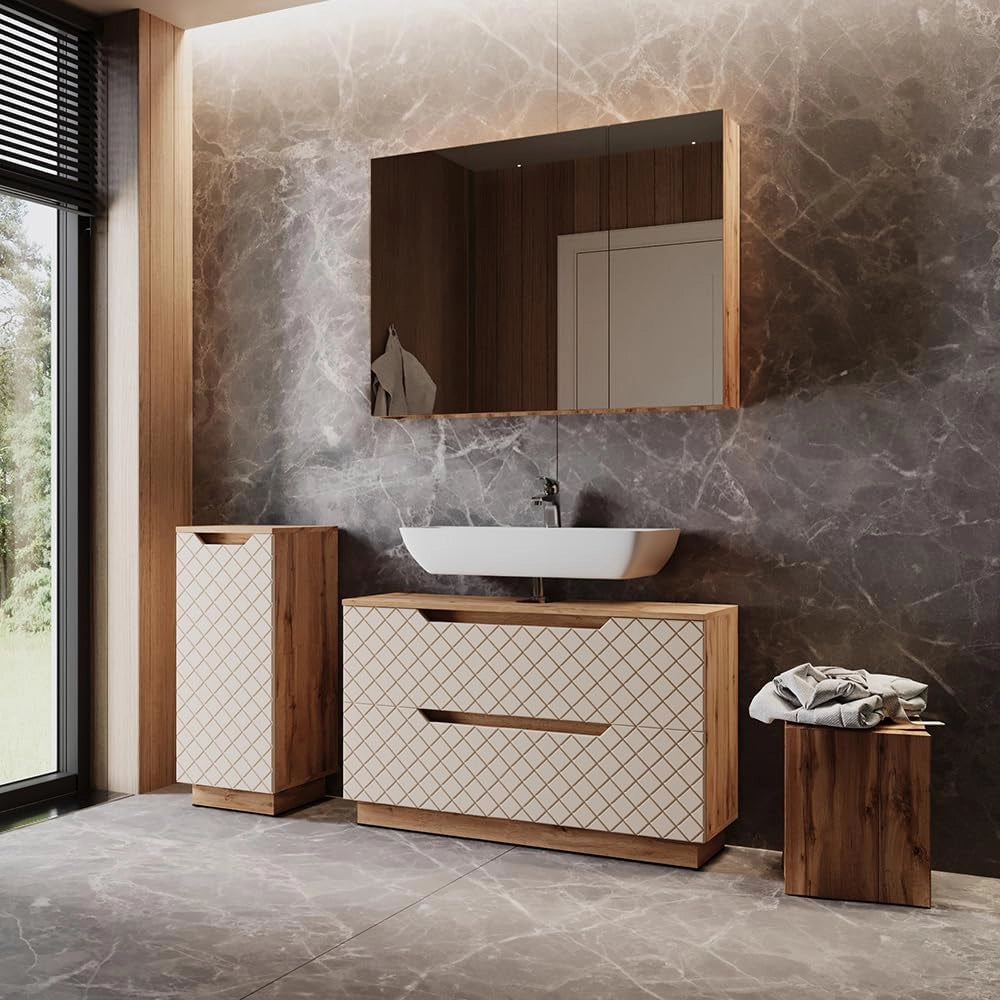Set di mobili da bagno Lotta, Rovere/cashmere a righe, 3 parti