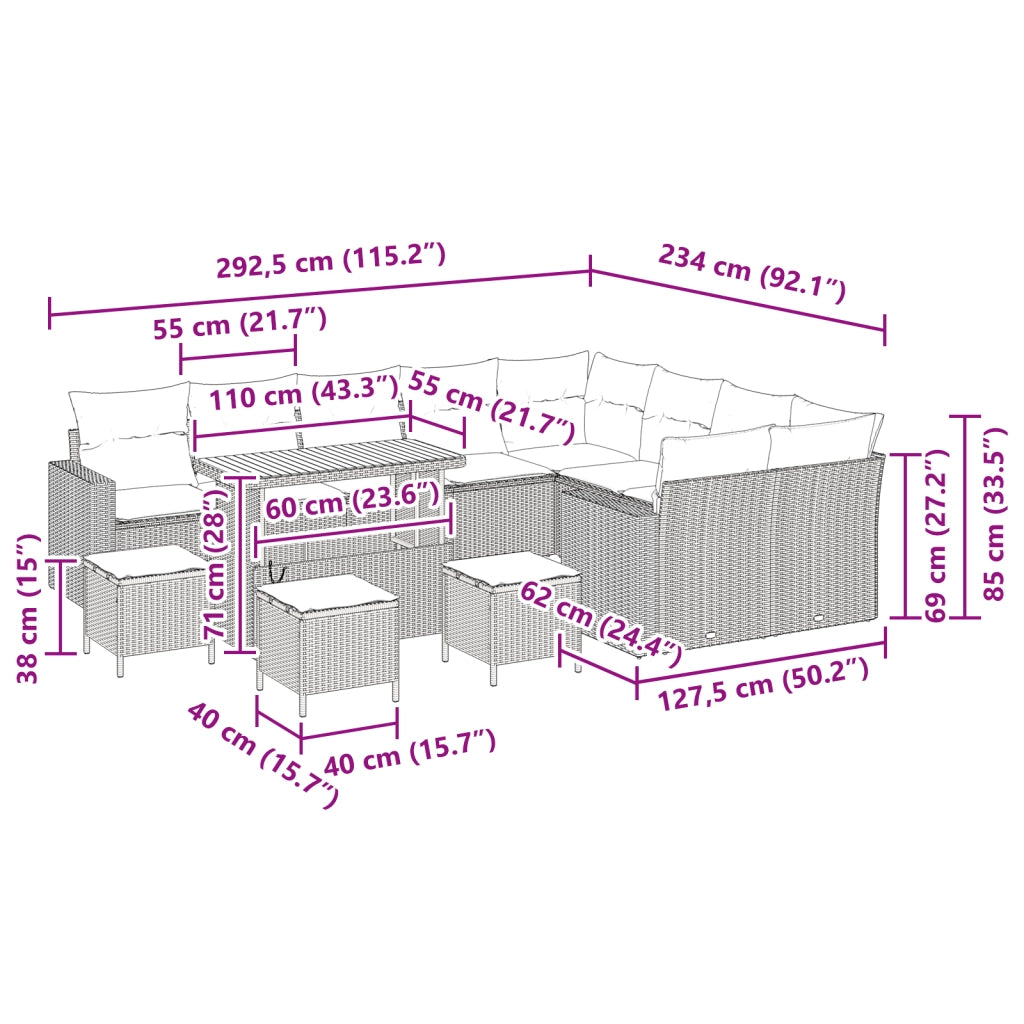 Set Divano da Giardino di 13 Pezzi con Cuscini Beige in Polyrattan