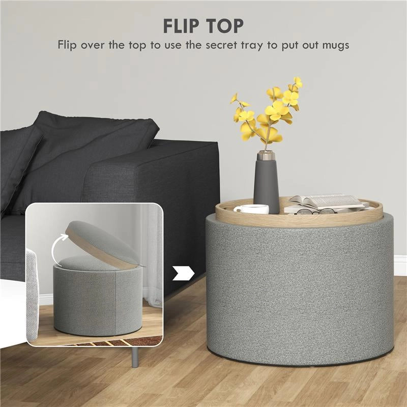 POUF CONTENITORE EFFETTO LINO DA 120 KG MAX CON VASSOIO A RIBALTA, IN MDF, 56X56X42 CM, GRIGIO