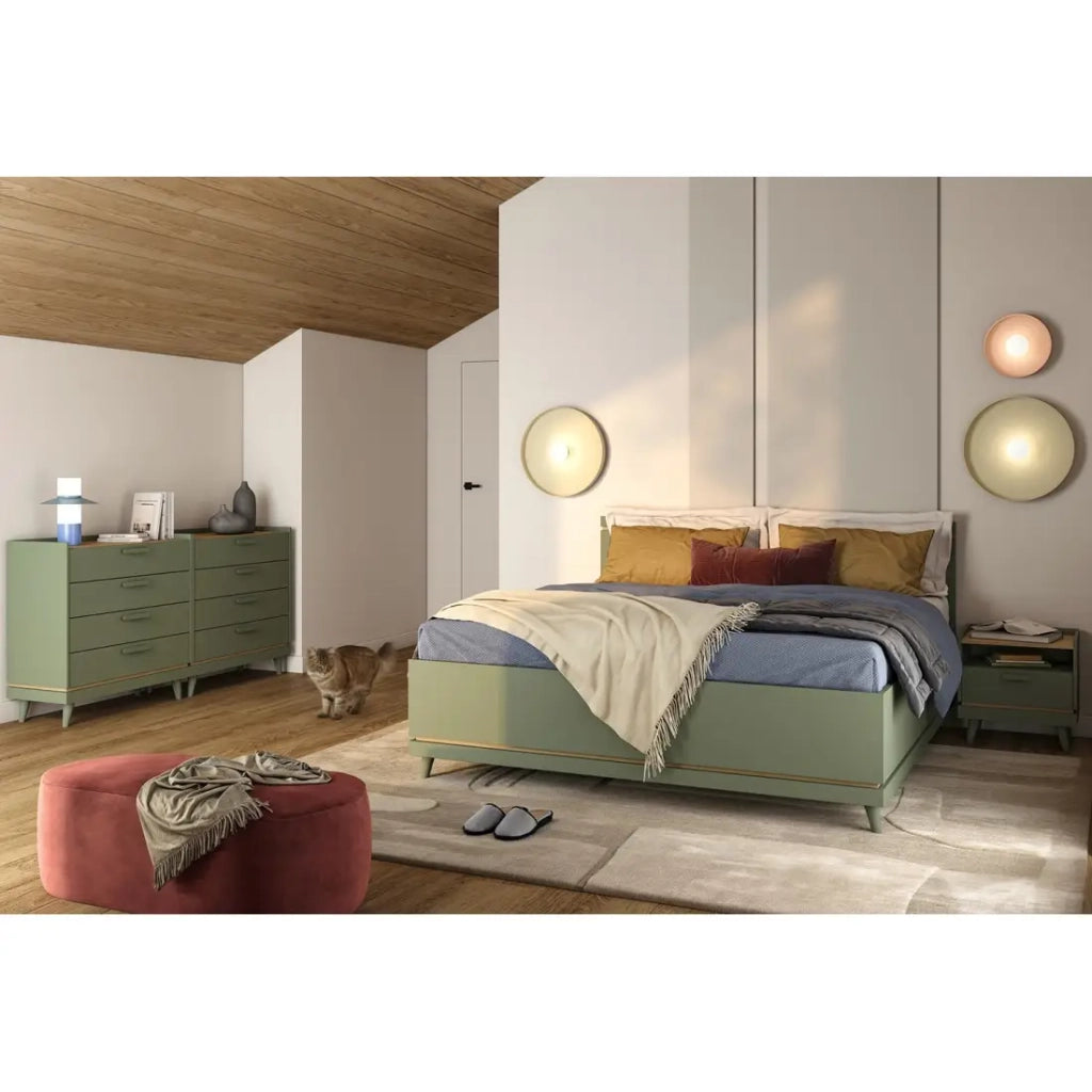 Letto contenitore NOKI – 180x200 cm verde e legno – Stile scandinavo