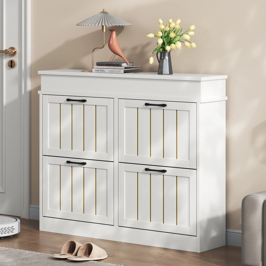 Scarpiera sottile in MDF bianca 105x24x83 cm con 4 ante