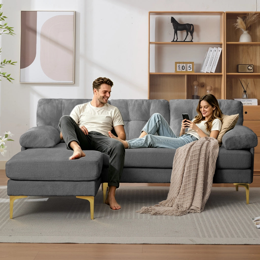 Divano angolare reversibile a 3 posti con cuscini imbottiti e braccioli, in legno e chenille grigio