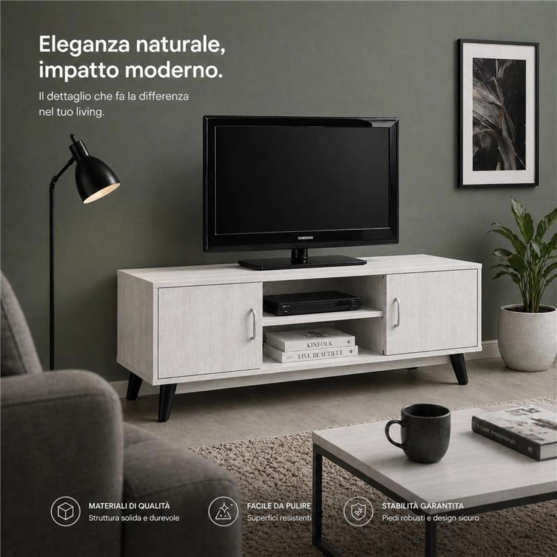 MOBILE TV IN MDF COLOR BIANCO LEGNO CON DUE ANTE E DUE RIPIANI MISURE: 140X38X44CM