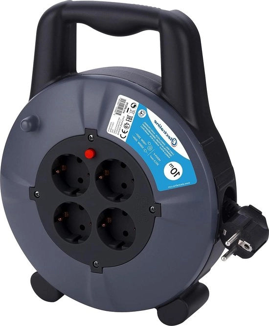 Box per cavi H05VV-F 3G15 10 m - contenitore per cavi con 4 prese a muro e prolunga - contenitore per cavi con slitta - contenitore per cavi in materiale plastico nero. contenitore per cavi.