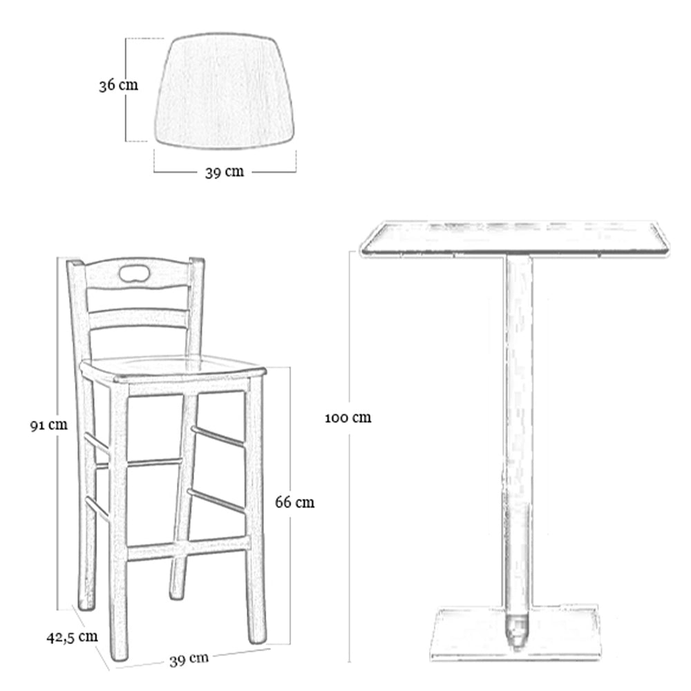 Sgabello in legno grezzo con schienale h 66 cm con seduta in legno massello