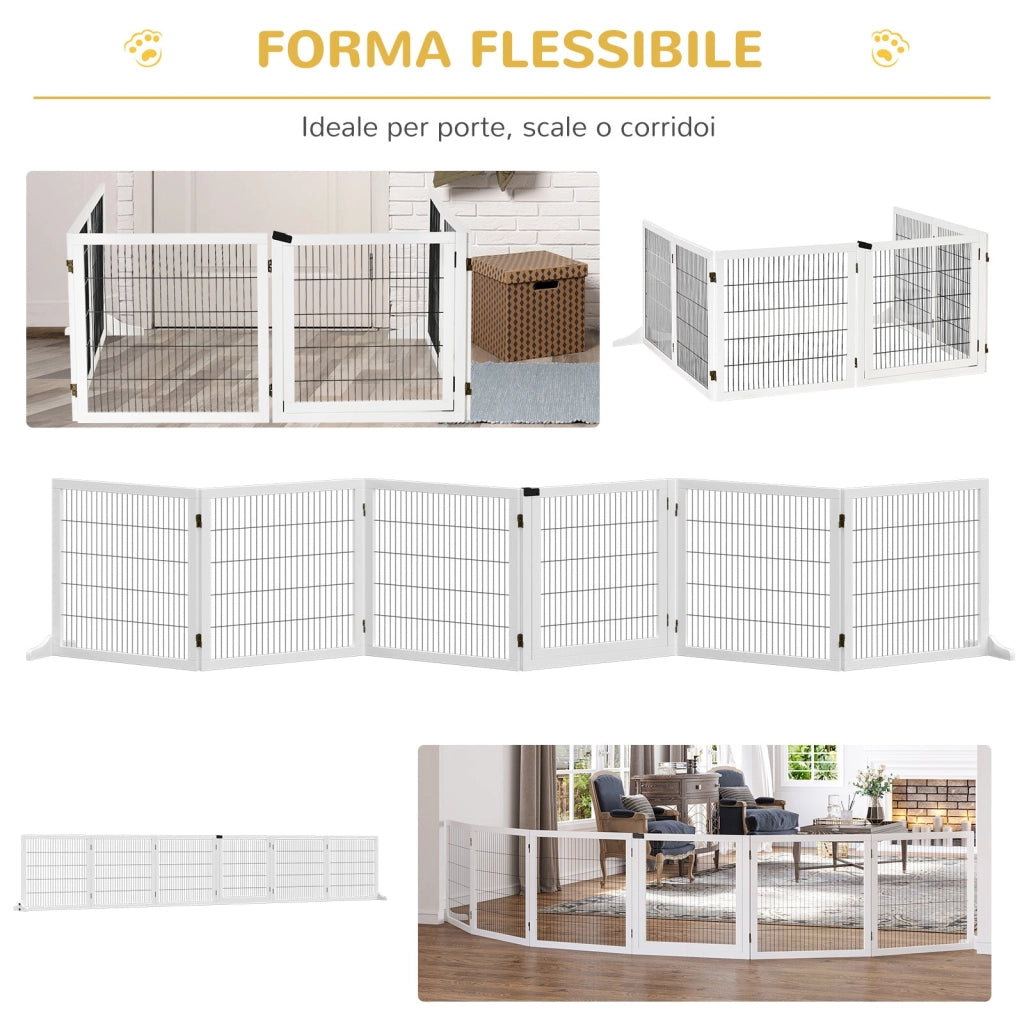 Cancelletto di Sicurezza per Cani di Piccola/Media Taglia 432x36x70 cm 6 Pannelli Pieghevoli in Legno e Acciaio Bianco