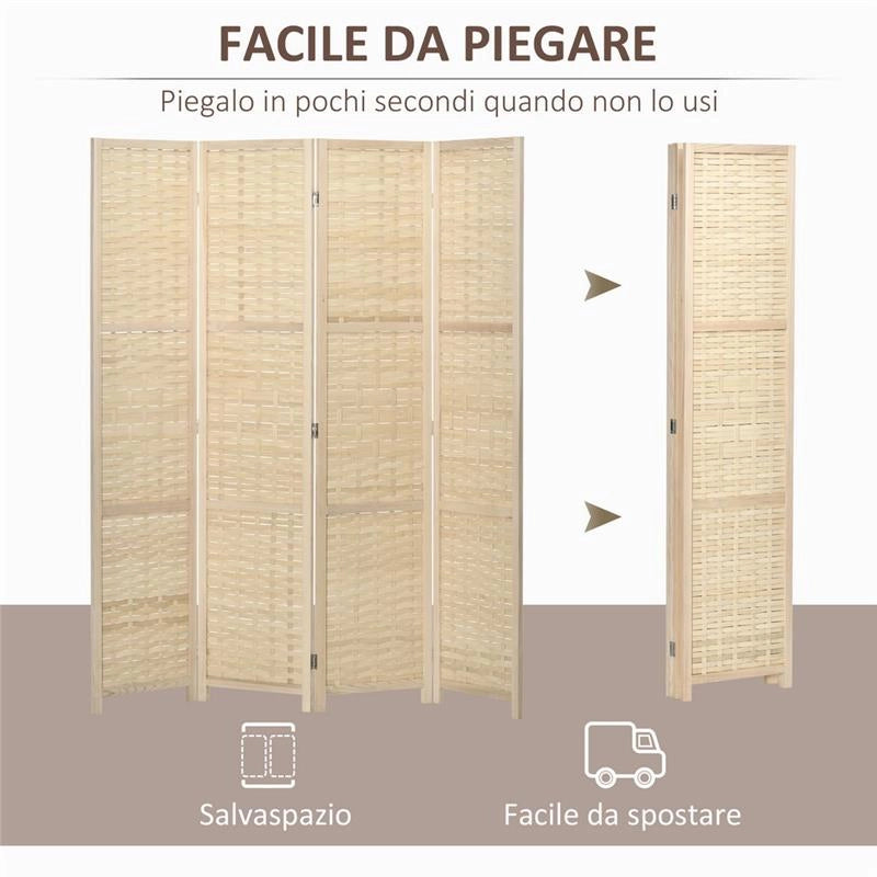 PARAVENTO PIEGHEVOLE  DA INTERNO A 4 ANTE IN LEGNO E BAMBÙ H 170 CM NATURALE