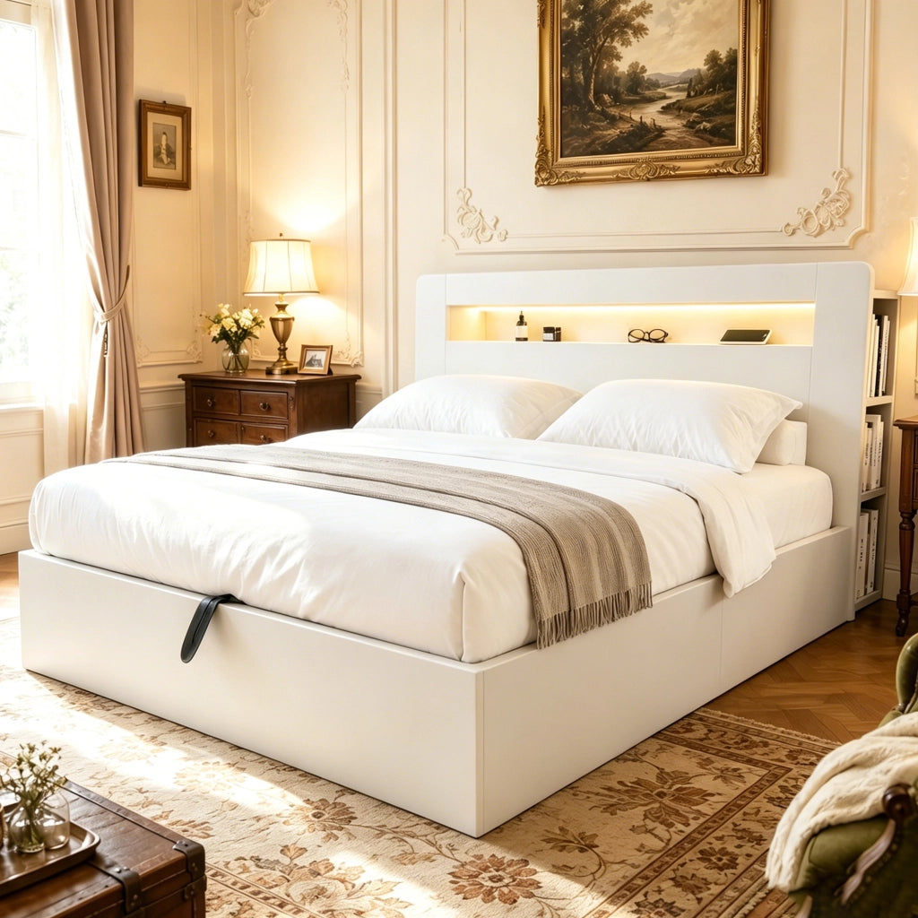 Letto contenitore 180 × 200 cm con sollevamento idraulico, LED, prese e ripiani, senza materasso, bianco