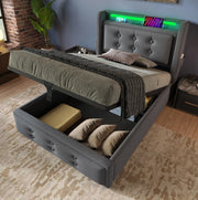Letto singolo 90x200 cm imbottito in cotone e lino con LED; USB e contenitore; grigio