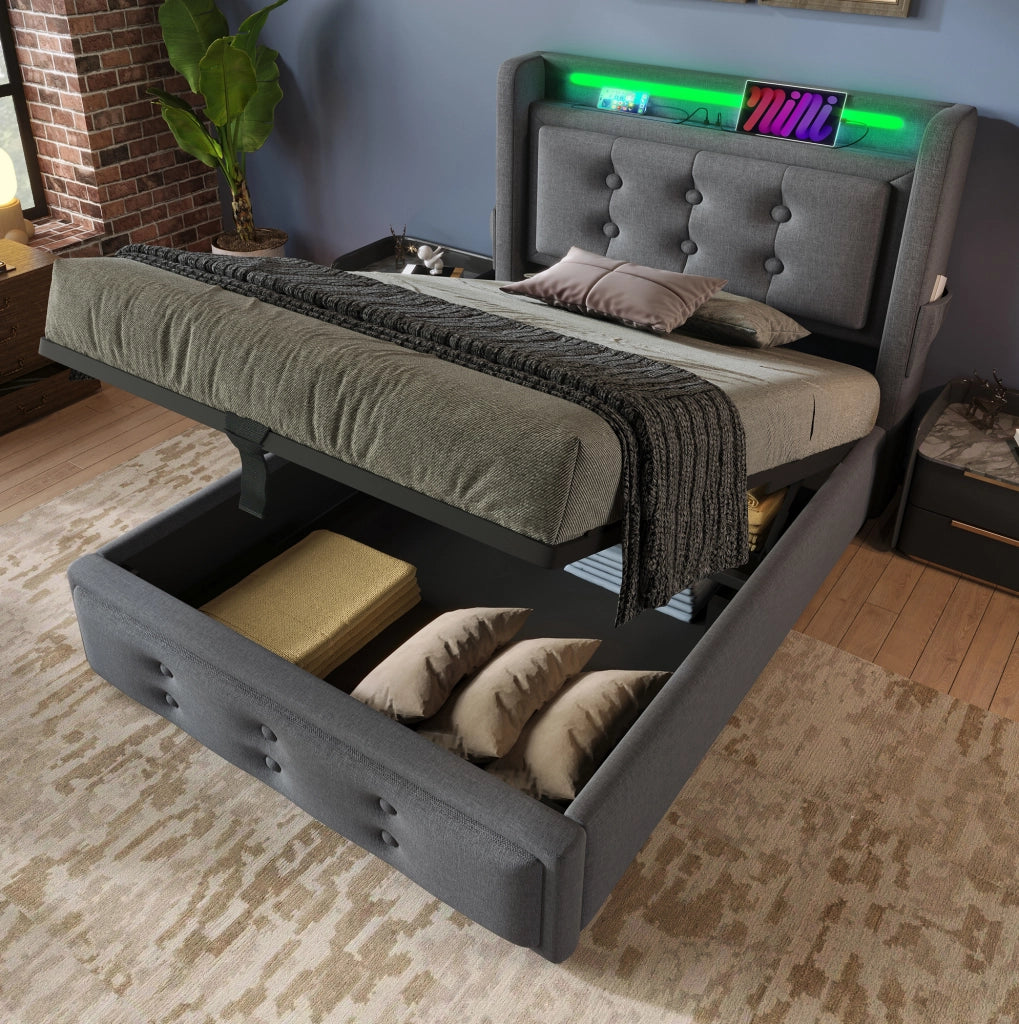 Letto singolo 90x200 cm imbottito in cotone e lino con LED; USB e contenitore; grigio