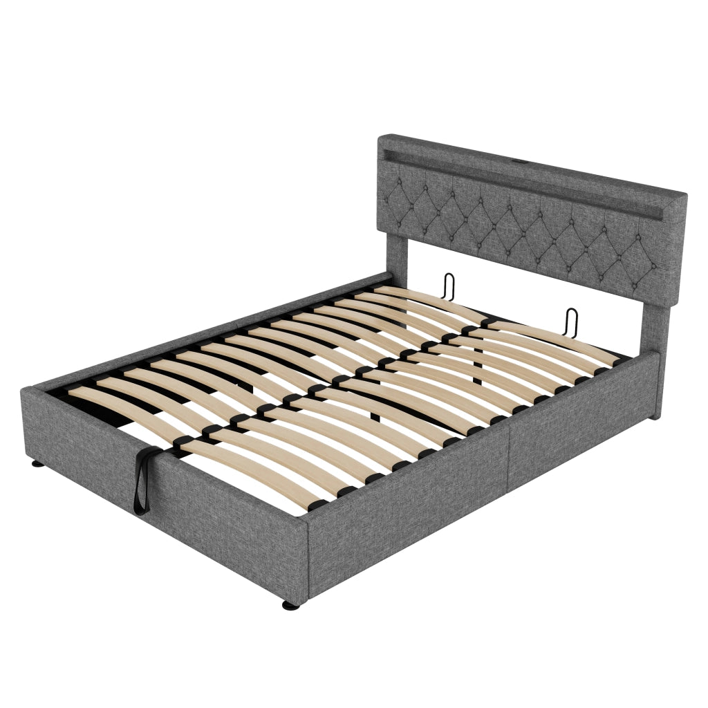 Letto imbottito matrimoniale 160 × 200 cm con contenitore sollevabile, led regolabile, usb e tipo-c, senza materasso, grigio