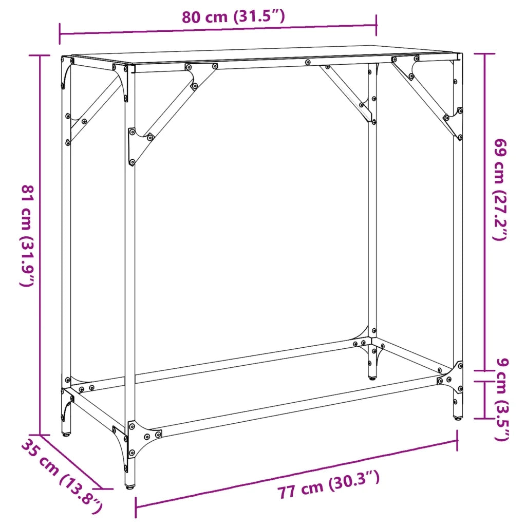 Tavolino Consolle Piano Vetro Trasparente 80x35x81cm in Acciaio
