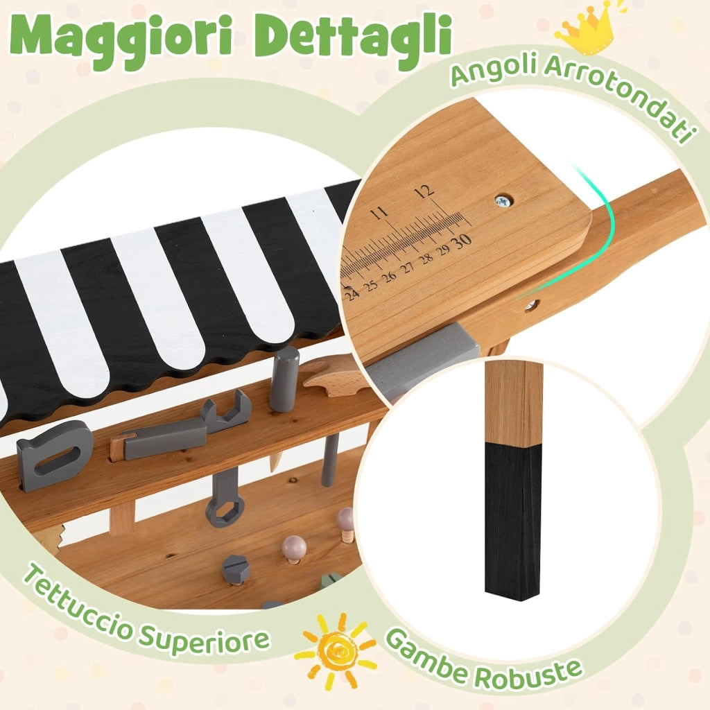 Banco da Lavoro in Legno per Bambini, Carrello 2 in 1 con Accessori Realistici, Maniglia Portatile, Cappottina Superiore e Porta Attrezzi, Tavolo da Lavoro Giocattolo Officina 3+ Anni