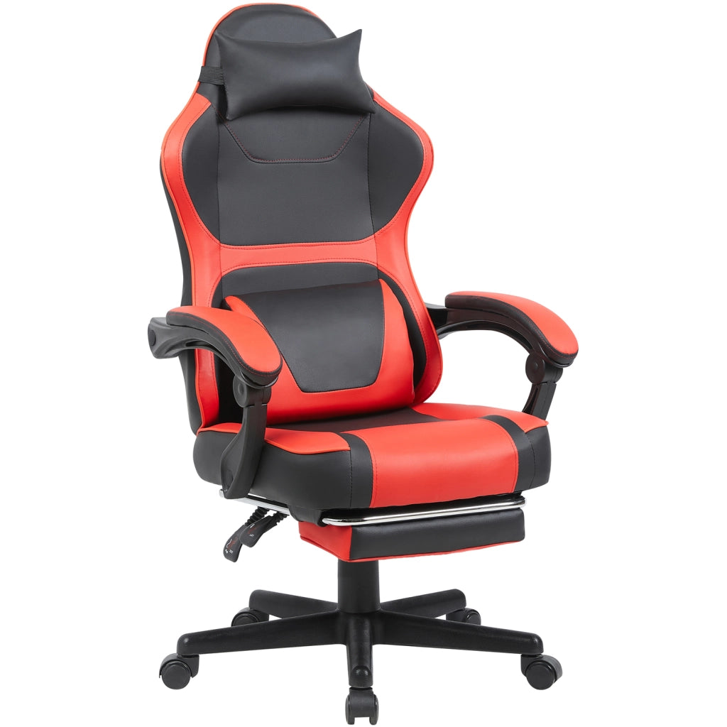 Sedia da ufficio con poggiapiedi estraibile e doppio cuscino lombare in PVC nero e rosso 77.0×25.5×59.0 cm