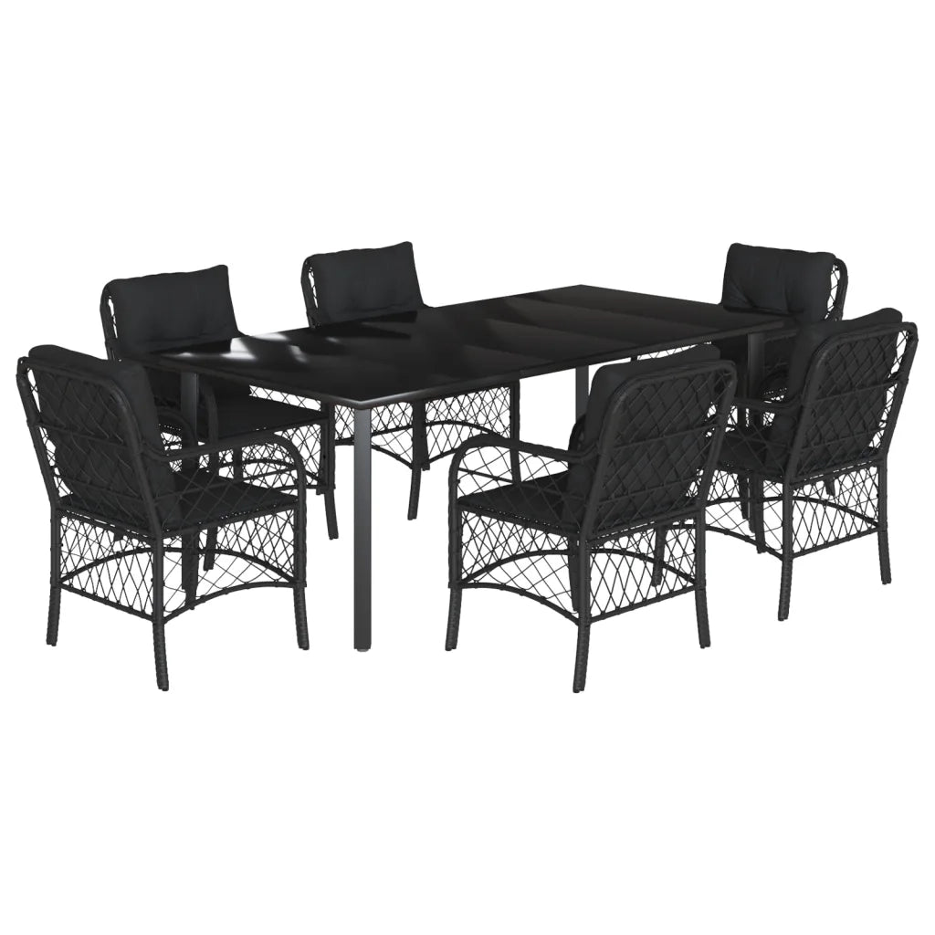Set da Pranzo da Giardino 7 pz Nero con Cuscini in Polyrattan