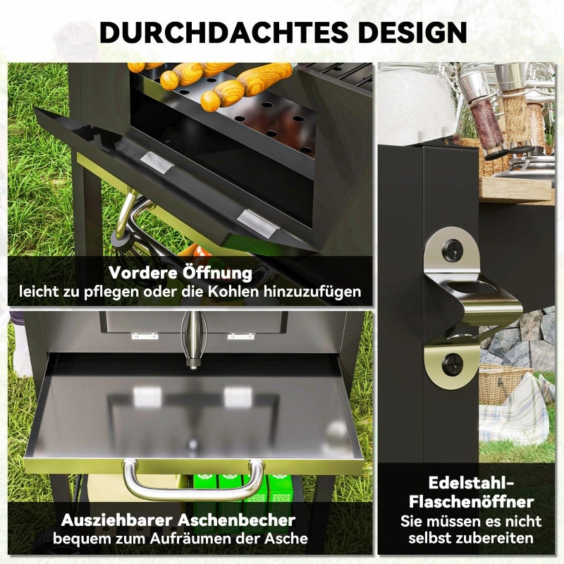 BARBECUE a carbone in acciaio nero con coperchio, termometro e ripiani laterali