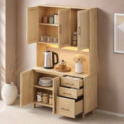 Credenza con LED app, prese e ripiani regolabili, 3 cassetti, MDF naturale, per cucina e sala da pranzo 183 cm