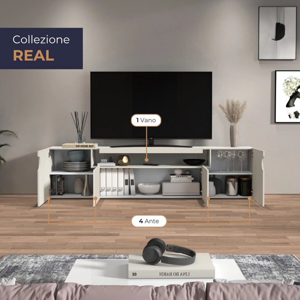 WHOUS Mobile porta TV Real con 4 ante e 1 vano aperto cashmere 240x40x60 cm