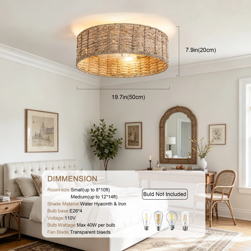 Ventilatore da soffitto 19 pollici con luce, rattan naturale, doppio controllo app e telecomando, 6 velocit¨¤ reversibili, design naturale