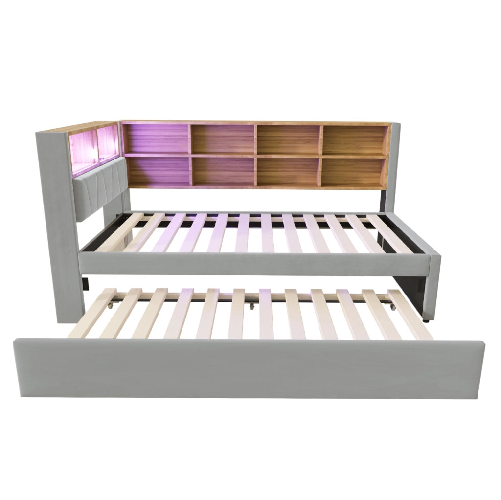 Divano letto 90x200 cm con letto estraibile; LED e porte di ricarica in flanella grigio chiaro