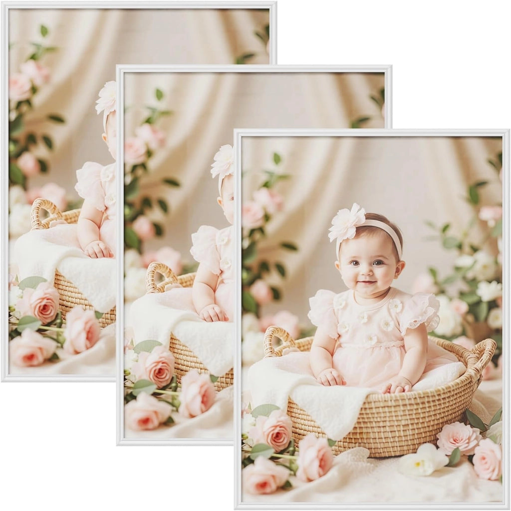 Set di 3 Cornici Foto 50x70 cm con Passepartout, Portafoto da Parete e Tavolo, Verticale o Orizzontale, in Legno Massiccio, Bianco
