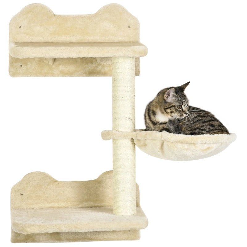 Set da parete per gatti 4 pezzi con tiragraffi, amaca e piattaforma, colore beige